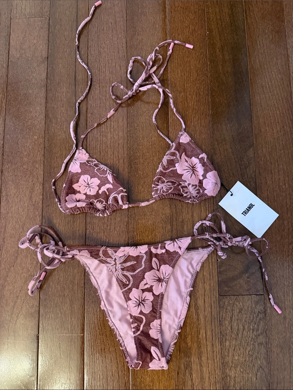 triangl swimwear Pink Floral Triangle Bikini Top on Brown